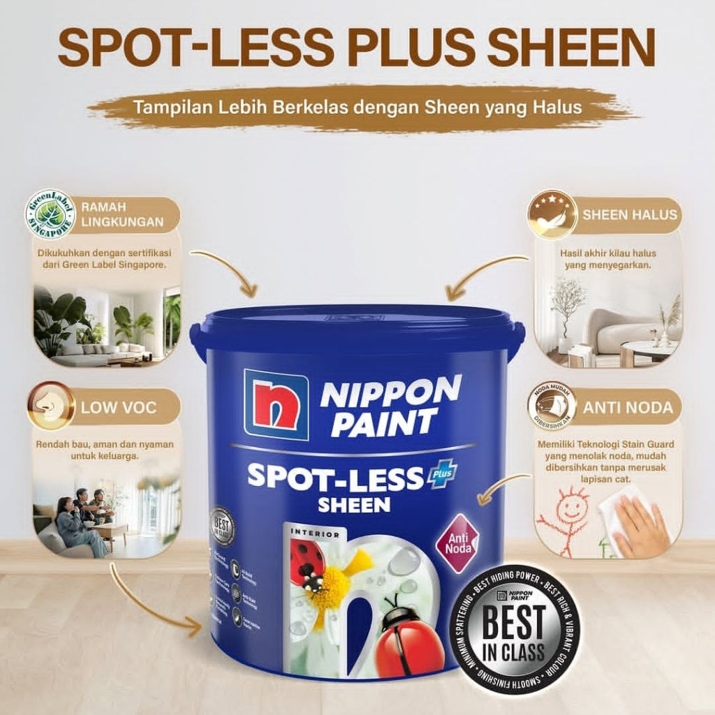 Nippon Paint Spotless Plus Sheen 20L anti noda dan kuman/ cat premium interior dinding dalam