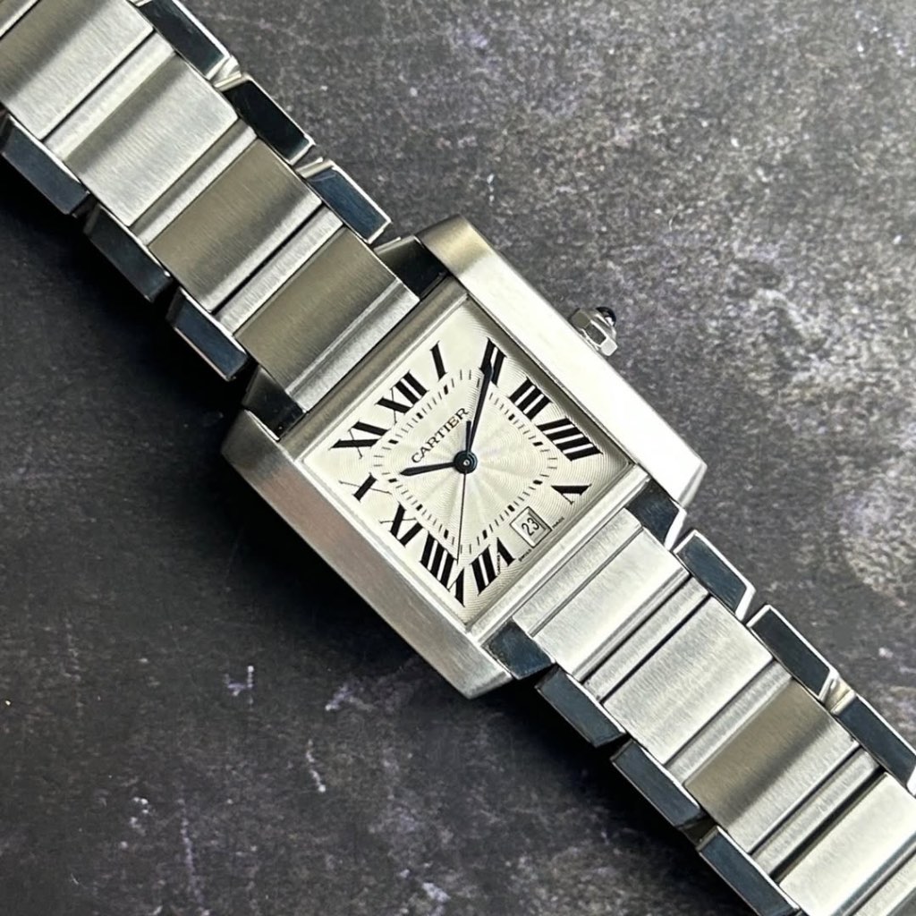 CARTIER Tank Francaise 2302 De Cartier WSTA0072 WSTA0108 White Guilloche Lacquered Dial Black Stainl