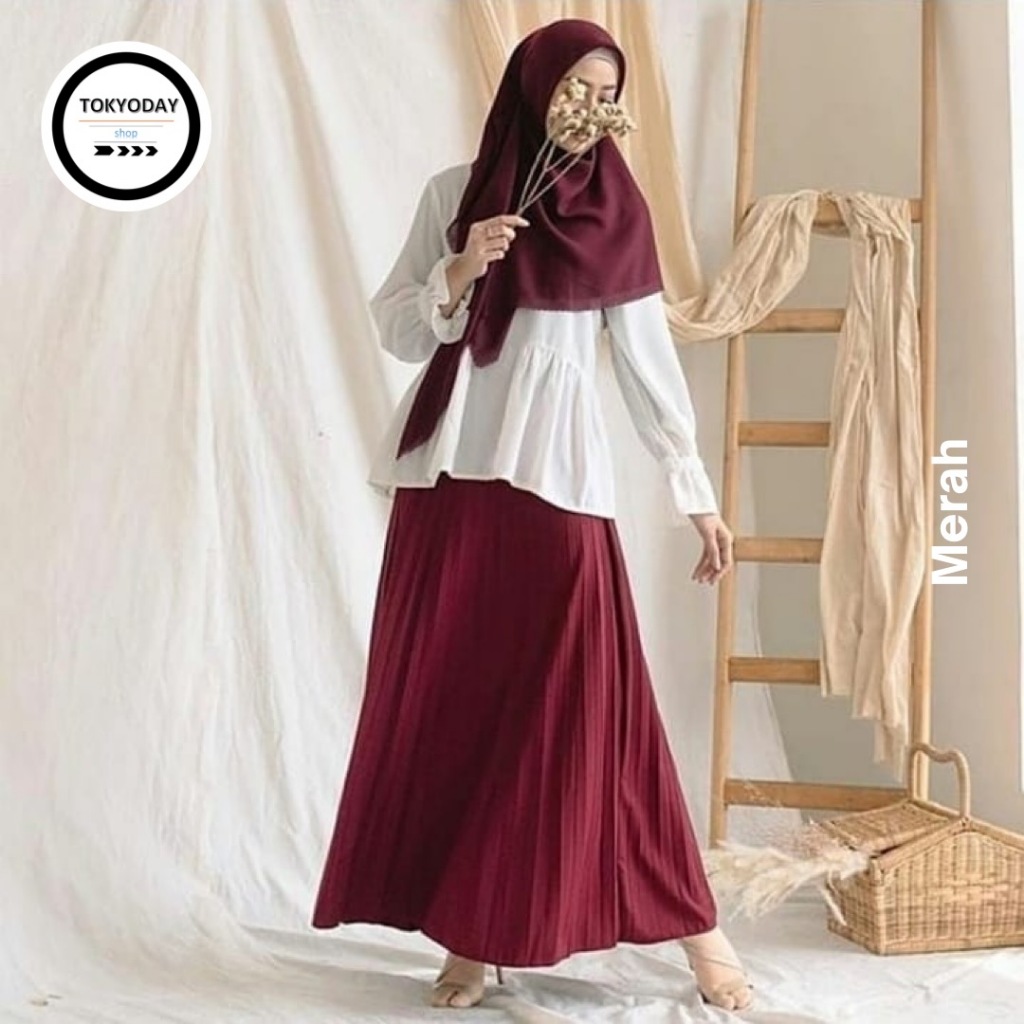 Rok Plisket Hyget Panjang / Rok Warna Merah / Rok Wanita