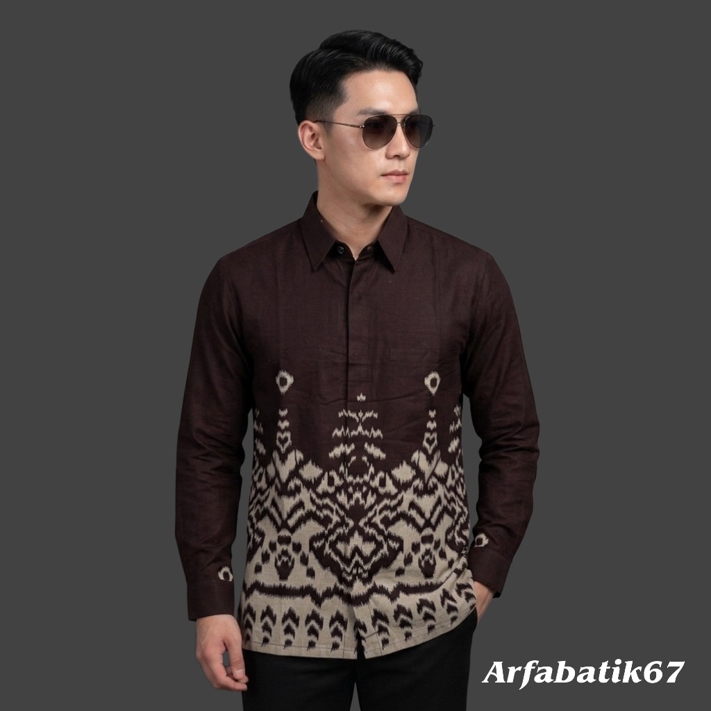 MOTIF TENUN JEPARA Kemeja batik pria motif tenun jepara mahogany lengan panjang katun prima lapis fu
