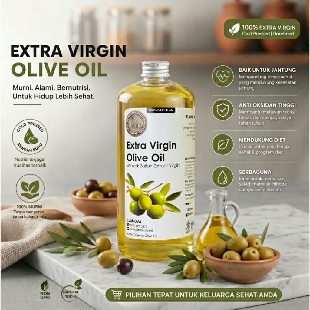 PREMIUM MINYAK ZAITUN MURNI EXTRA VIRGIN OLIVE OIL ASLI EVOO MPASI ANAK HALAL - ELANOVA