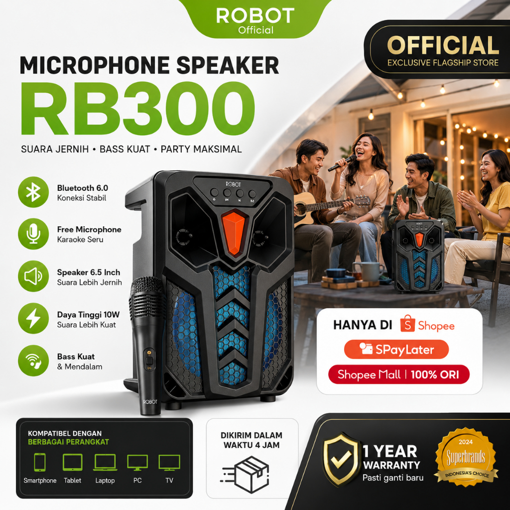ROBOT RB300 Speaker Bluetooth Karaoke Portable RGB Light Bass Original Mic Kabel - Garansi Resmi 1 T