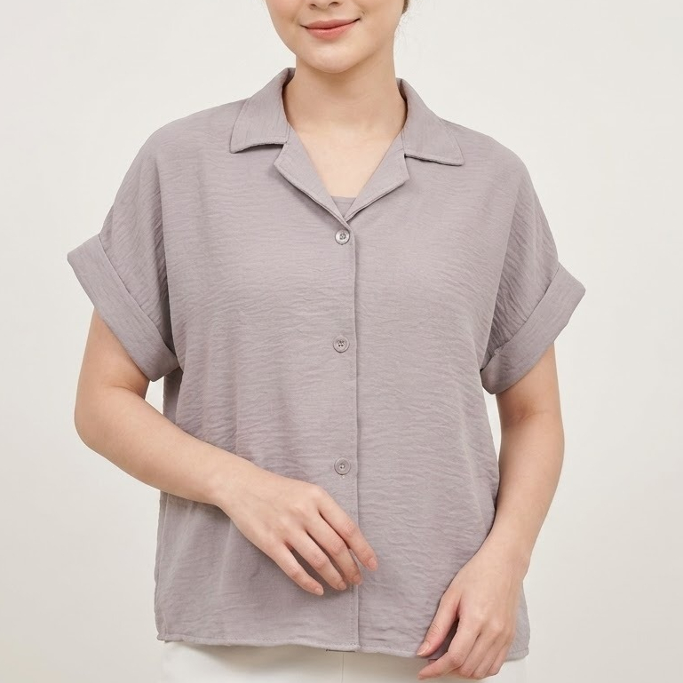 KEMEJA CRINKLE LENGAN PENDEK / ATASAN BLOUSE CRINKLE KANCING-06