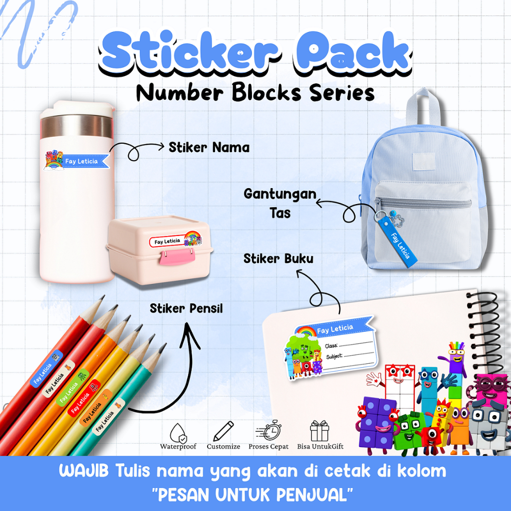STICKER PACK STIKER LABEL NAMA BUKU ANAK WATERPROOF - NUMBERBLOCKS