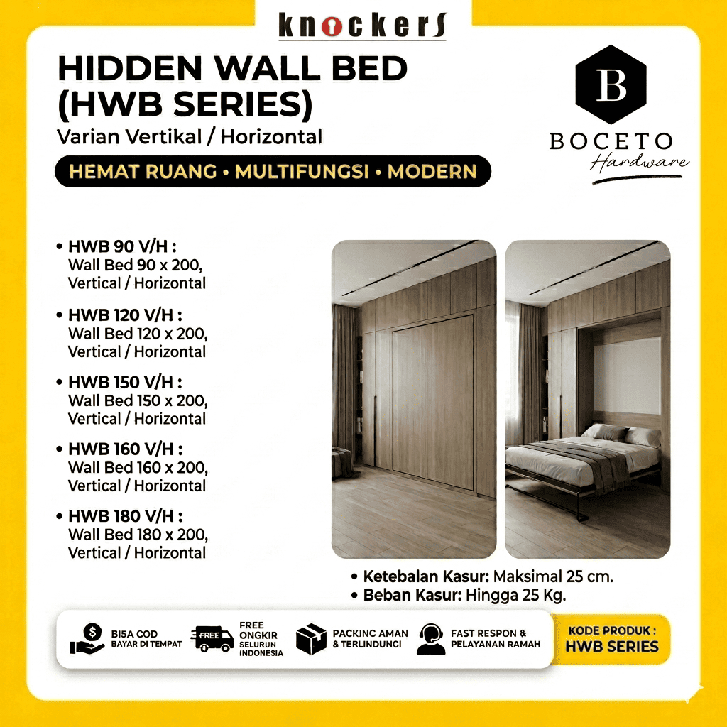 Hidden Wall Bed Murphy Bed Knockers HWB / Tempat Tidur Lipat Dinding Vertikal Horizontal — Kosongan 