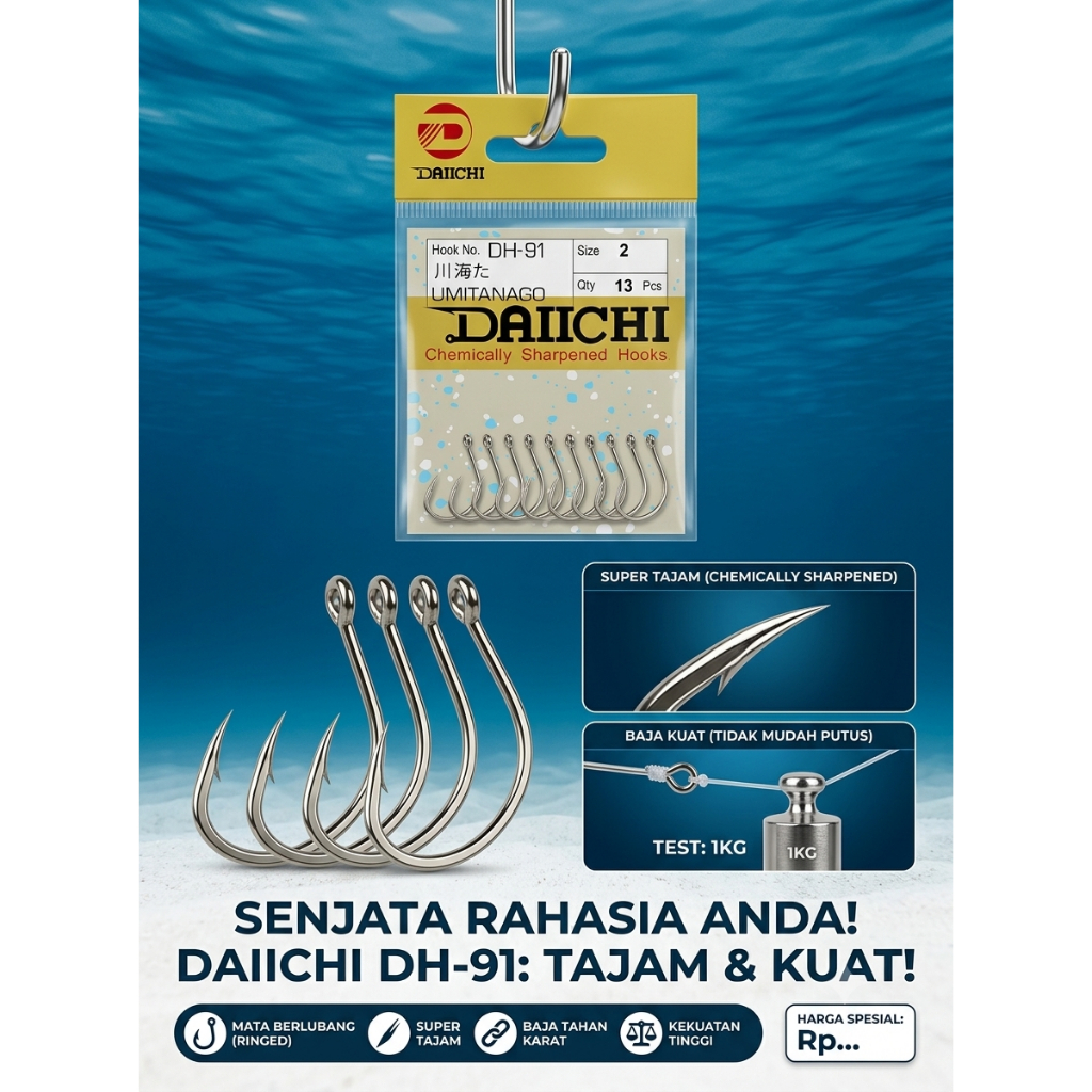 Kail Pancing Daiichi DH 91 Ukuran 2 - Mata Pancing Berlubang Kuat Anti Putus