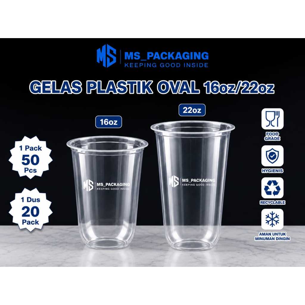 [50pcs/pack] Gelas Plastik Oval 16oz/22oz | Gelas Plastik Bening ES | Gelas POP ICE | Gelas Bening O