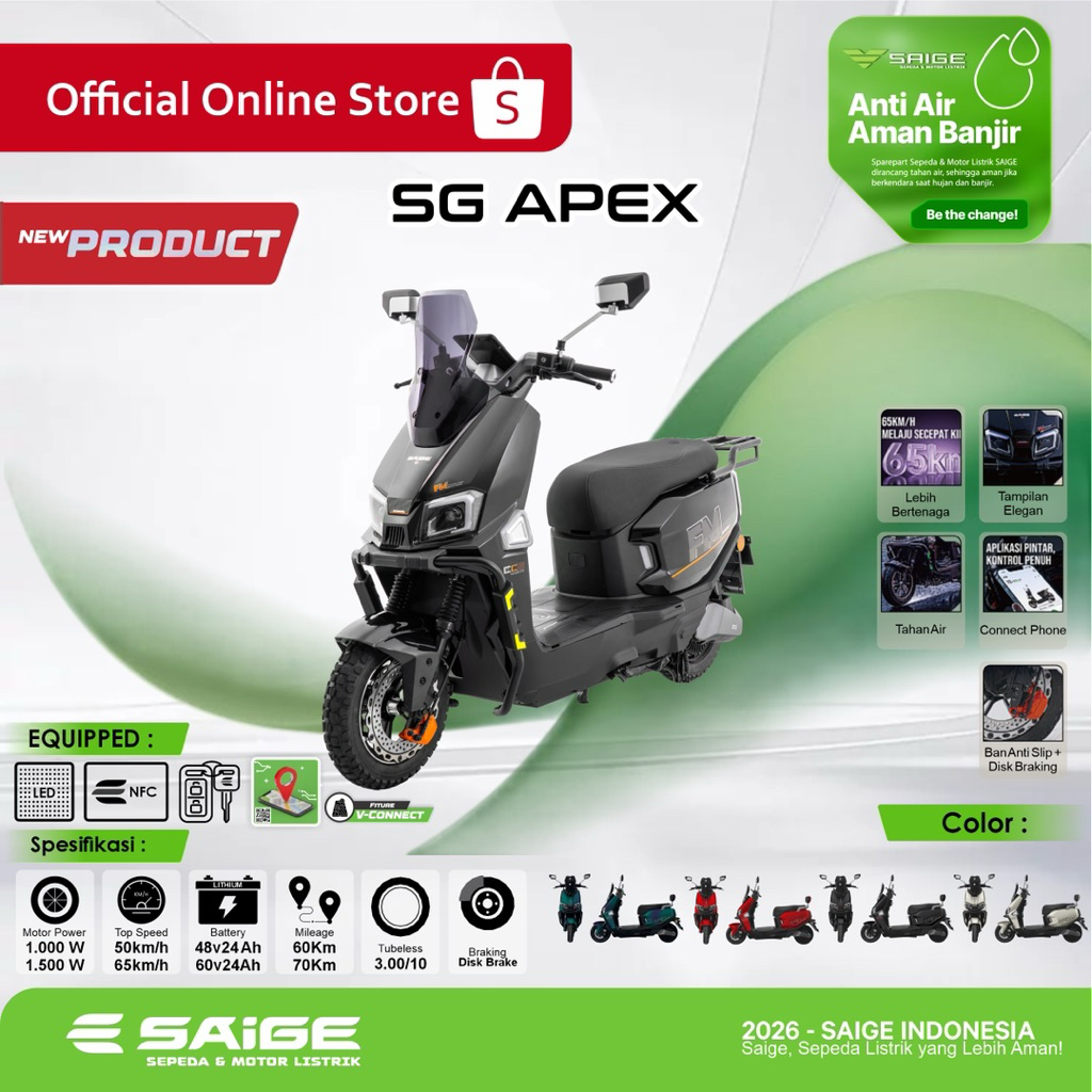 Motor & Sepeda Listrik SAIGE SG APEX Waterproof Anti Air & Aman Banjir | Kecepatan 65 Km/Jam | NFC S
