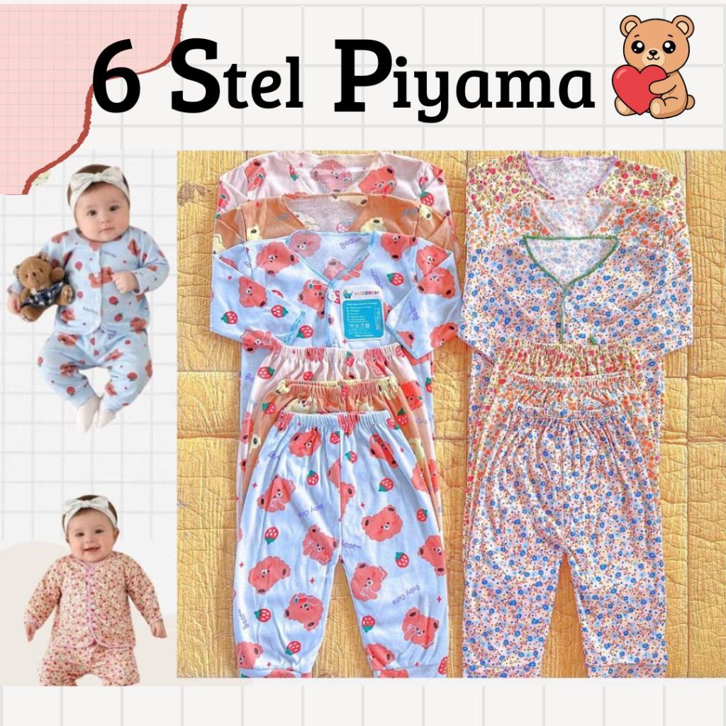 NAKITA Paket 6 Stel / 12 Lembar Baju Celana Bayi Piyama Baru Lahir Newborn - Balita Motif Printing S