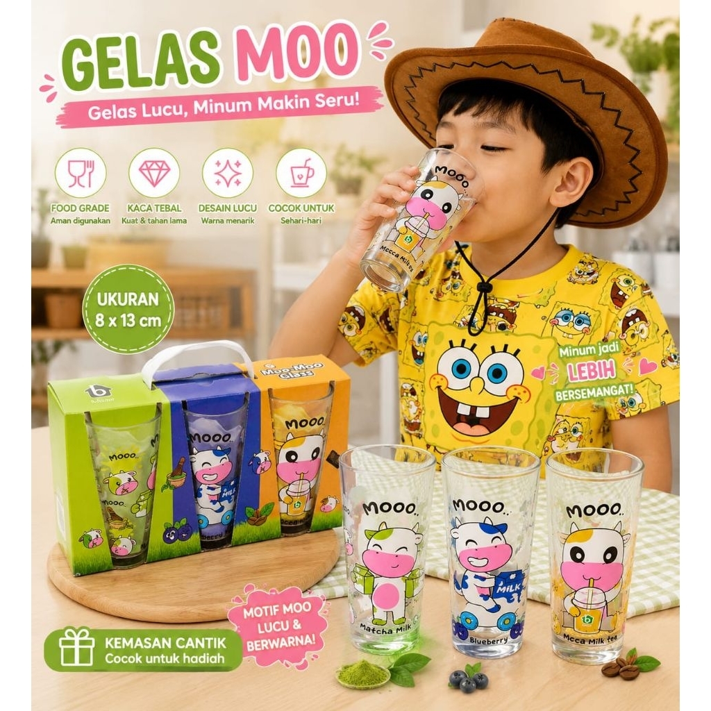Gelas Moo Pendek Kaca Set 3 | Gelas Karakter Sapi Lucu Untuk Minum Susu dan Jus (GBTB1001CO)