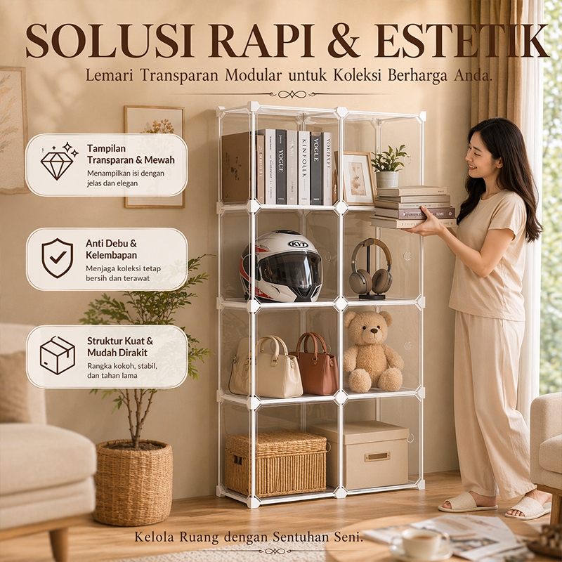 Lemari Transparan Modular Rak Helm Tas Boneka Action Figure Buku Kabinet Susun Serbaguna 30cm 35cm