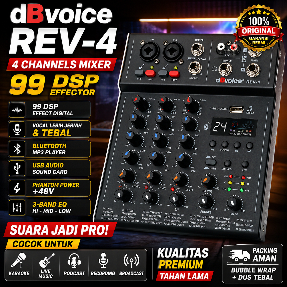 Efek Vokal dB Voice REV-4 Mixer Audio 4 Channel 99 DSP Bluetooth USB Soundcard Phantom 48V Efek Kara