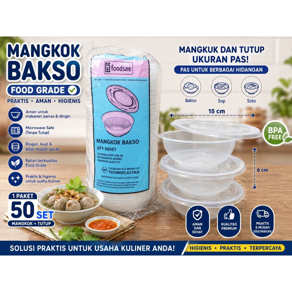 Mangkok Bakso Plastik 650ml 50pcs - Bening, Tahan Panas, Praktis untuk Takeaway