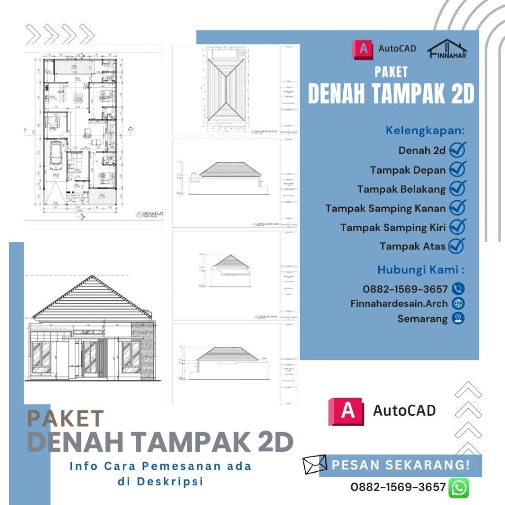 (DENAH RUMAH 2D & TAMPAK 5 SISI) Jasa gambar Arsitek DENAH 2D DAN TAMPAK