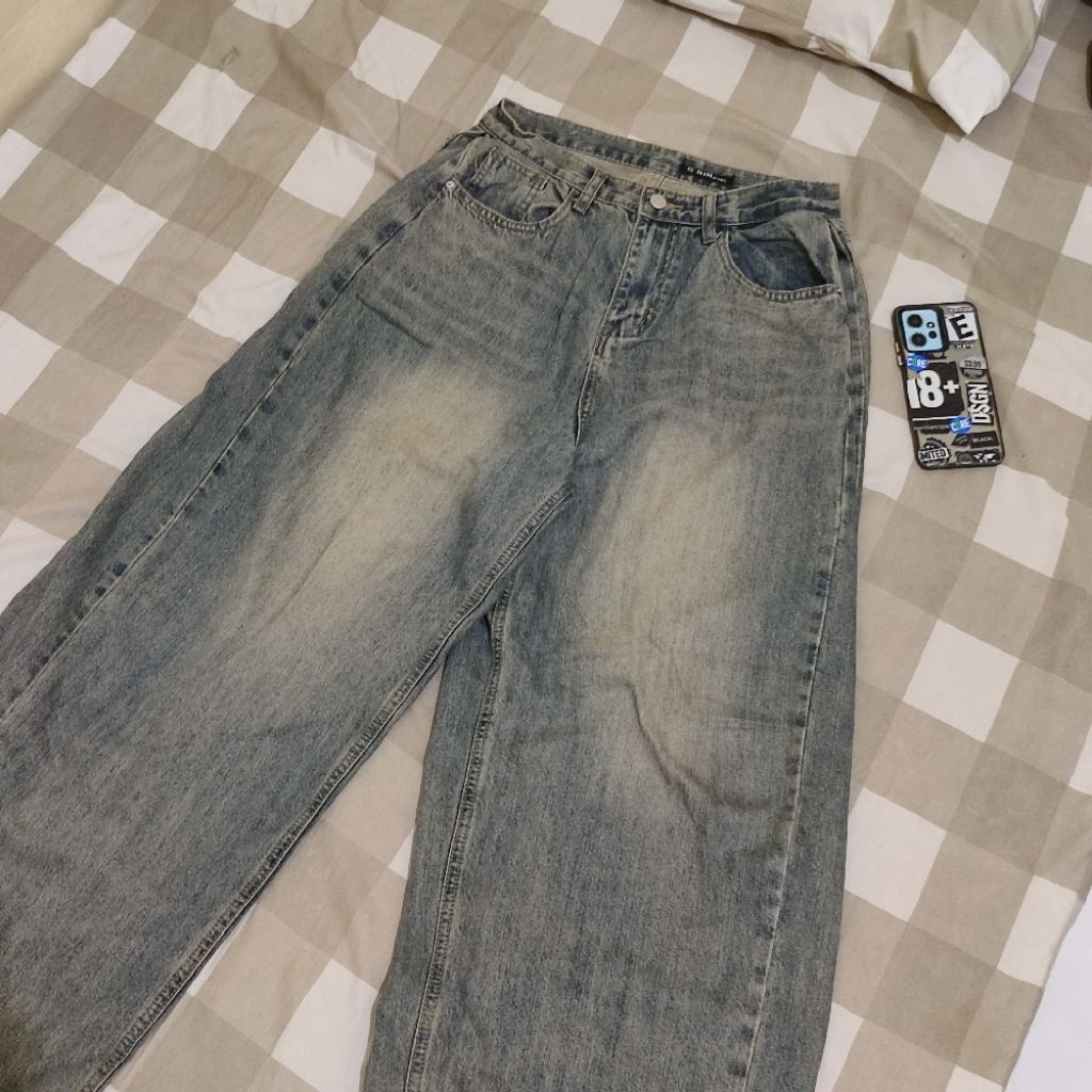 PL Baggy jeans S-BIN wide leg biru retro celana gombrong Skena kalcer streetwear