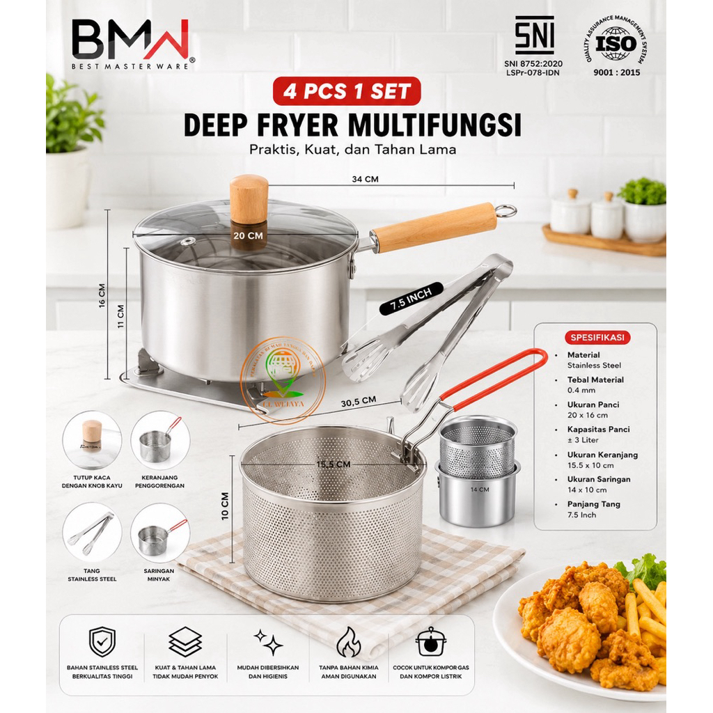 Deep Fryer Multifungsi Stainless Steel 4 PCS 1 Set BMN 20 cm Panci Penggorengan Serbaguna dengan Ker