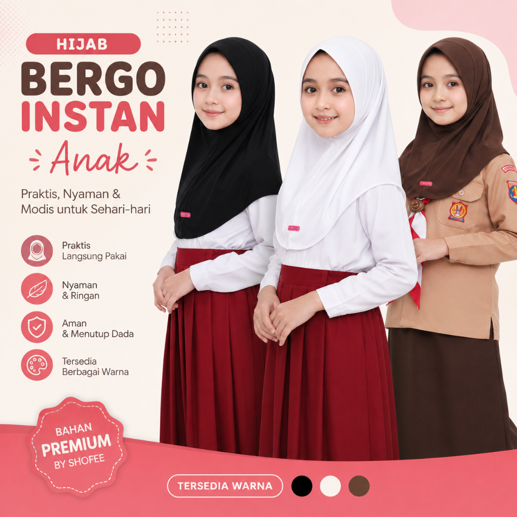 ANNUR Hijab Bergo Instan Anak Polos | Hijab Anak Bergo Instan SD SMP
