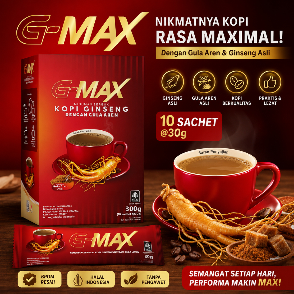 Kopi G-Max Gula Aren Gingseng 10 Sachet BPOM Kopi Penambah Energy