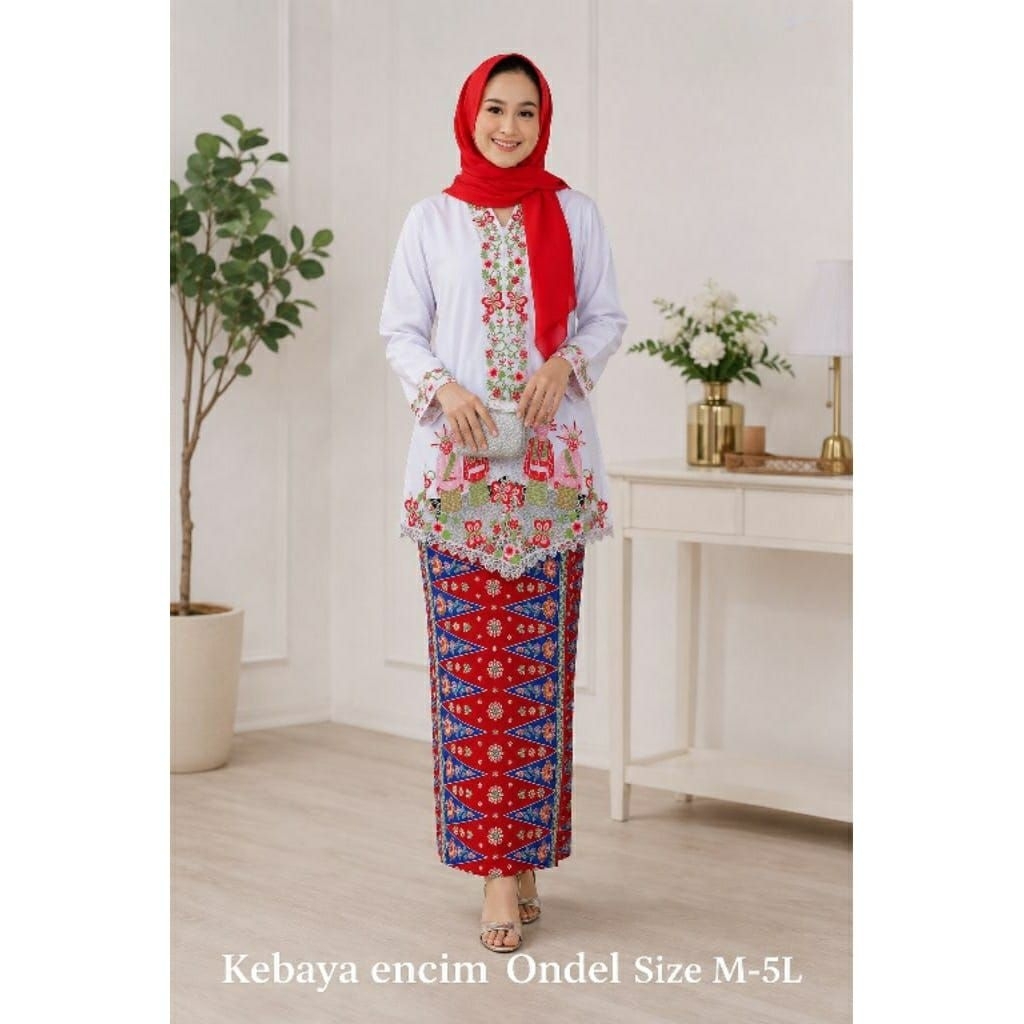 SETELAN KEBAYA ENCIM BORDIR MOTIF ONDEL ONDEL DAN SELENDANG // KEBAYA ENCIM MODERN // KEBAYA KARTINI