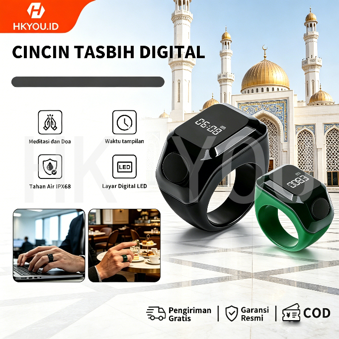 Cincin Tasbih Digital Pintar Alat Hitung Tasbih Akurat Bluetooth 5.4 Layar OLED Besar Pengisian Type