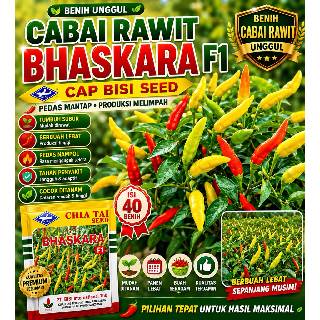 Isi 40 Benih Biji - Benih Cabai Rawit Unggul BHASKARA F1 - Cap BISI - Bibit Sayuran Benih Sayuran Ca