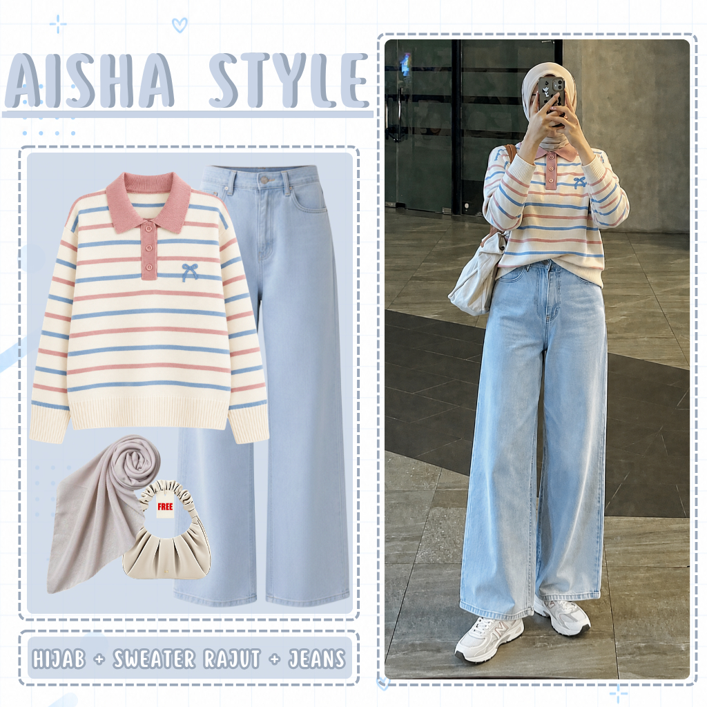 One Set Wanita Hijab | Sweater Rajut + Celana Kulot Jeans High Waist - Outfit Wanita Remaja Kekinian