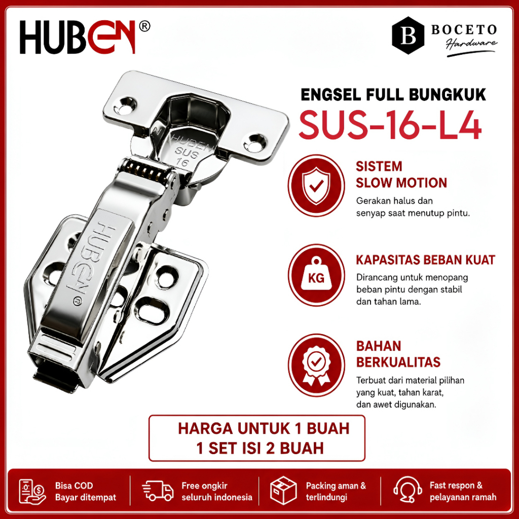 Engsel Sendok HUBEN SUS-16-L4 Full Stainless Steel Slow Motion Anti Karat | Engsel Full Bungkuk
