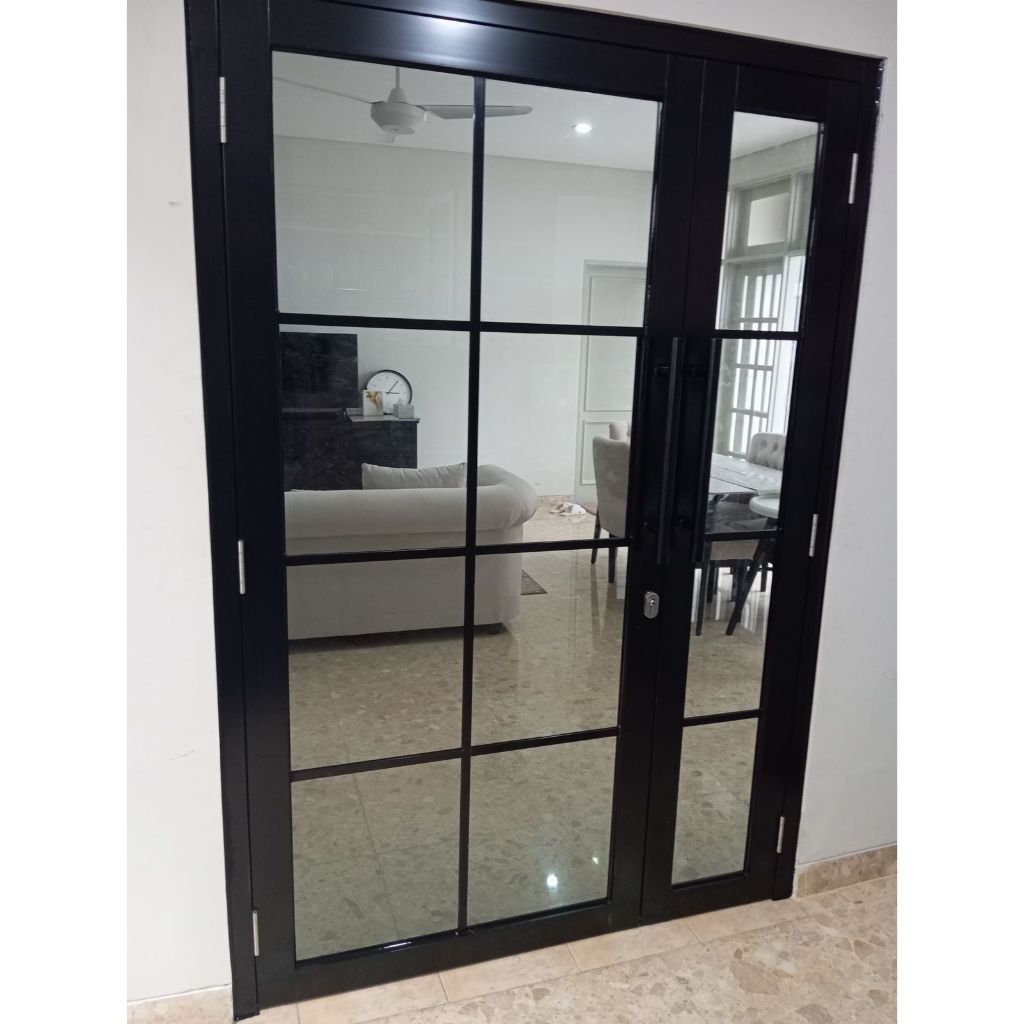 Pintu Aluminium Model 2 Daun Panel & Kaca Ornamen T210 x L120 Lengkap Tinggal Pasang