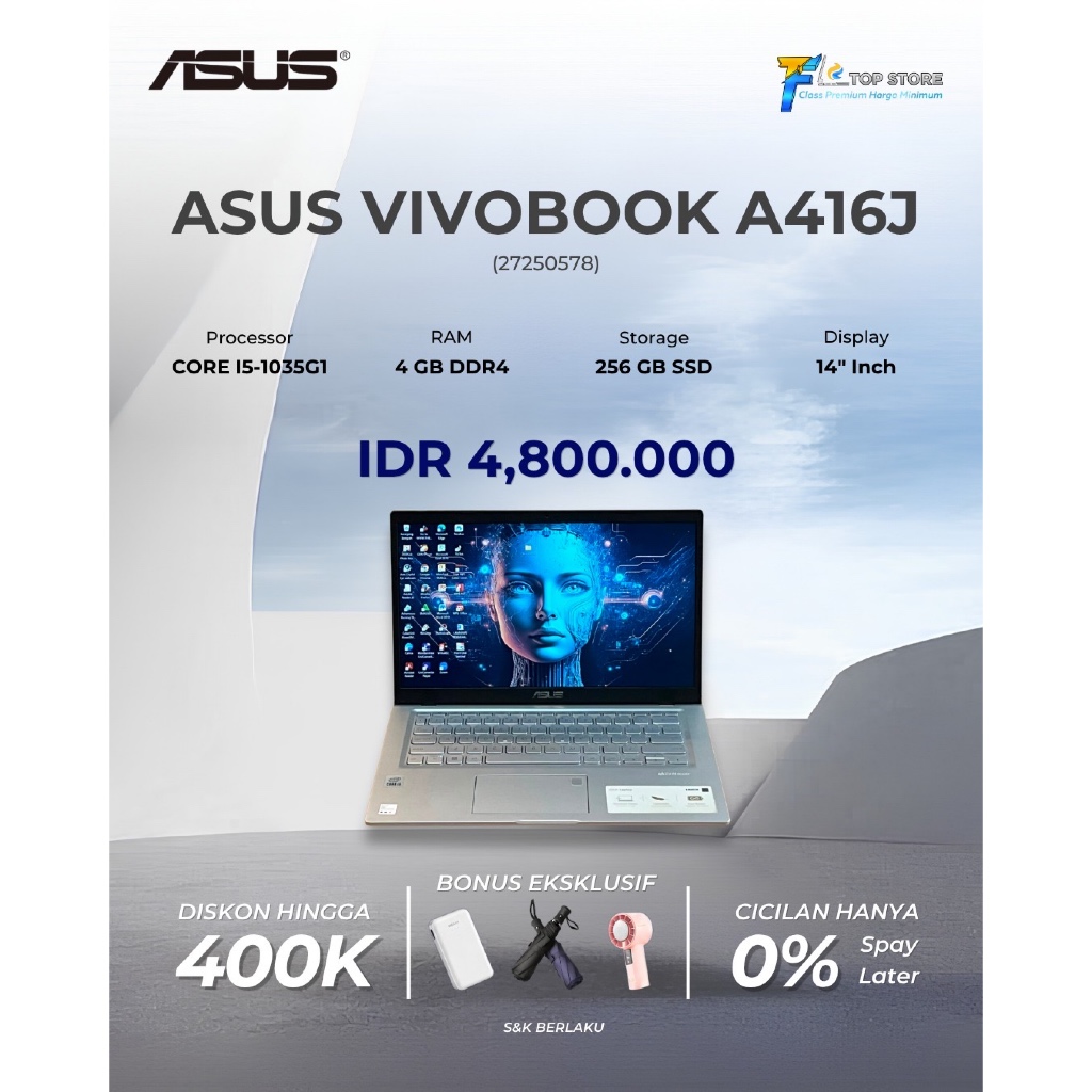 LAPTOP ASUS VIVOBOOK A416JAB INTEL CORE I5-1035G1 RAM 4 GB SSD 256 GB