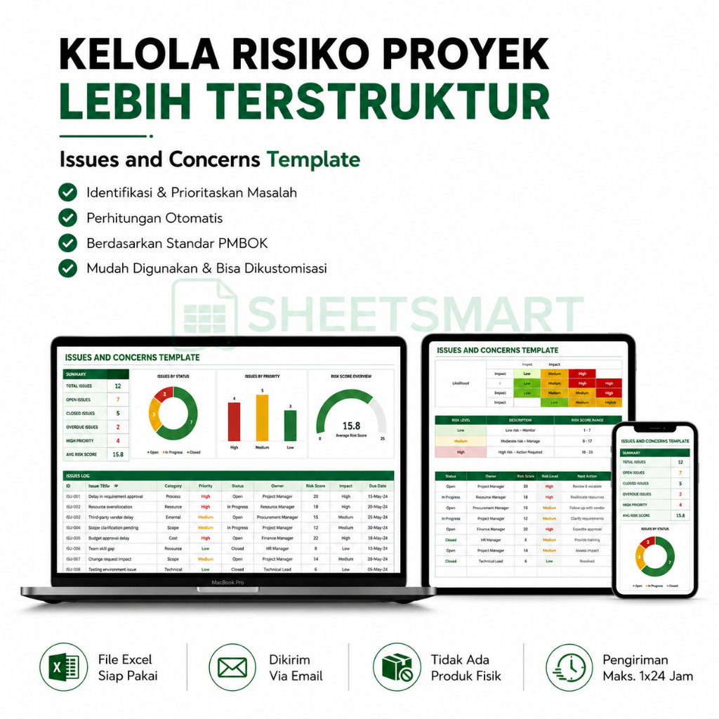 Issues & Concerns Excel Template | Identifikasi Risiko & Prioritas Masalah Proyek | Sesuai Standar P