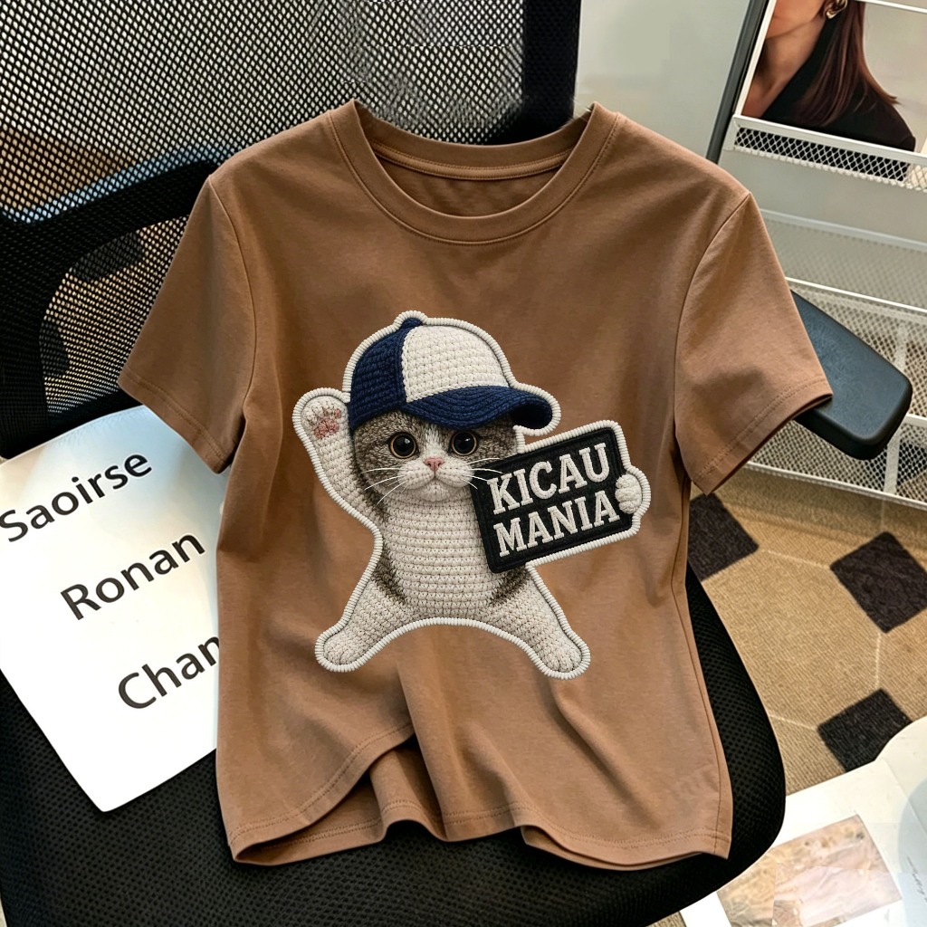 [COD]Kaos Pola Kucing lucu korea Cokelat| baju atasan wanita terbaru | Kaos Ramping | 6.11