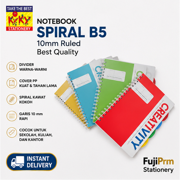 Notebook Spiral B5 Kiky Creativity 10mm Ruled | Buku Catatan Divider Warna Spiral Kawat