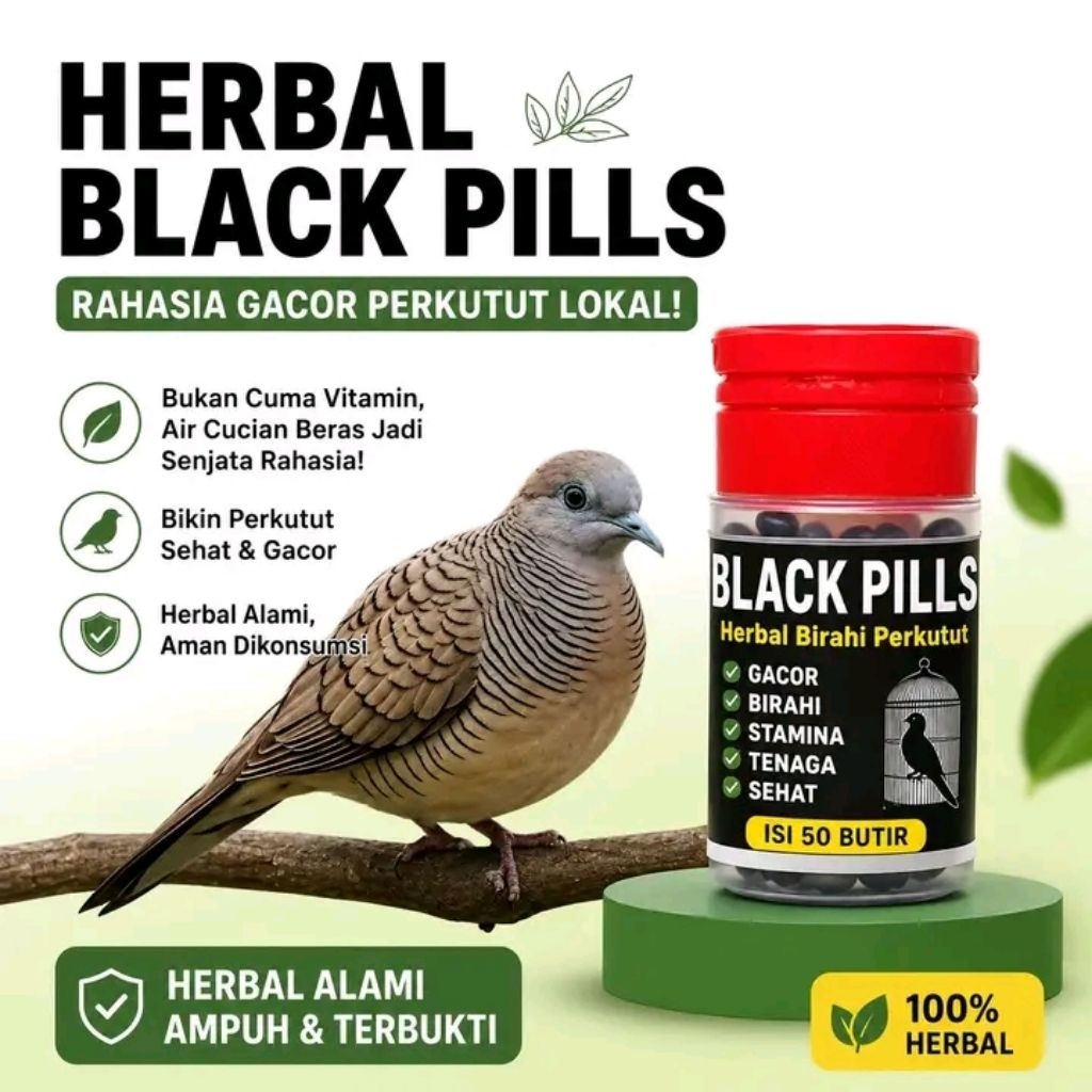 BLACK PILLS 50 Butir Jamu Perkutut Herbal - Meningkatkan Birahi, Stabilkan Birahi, Tambah Mental