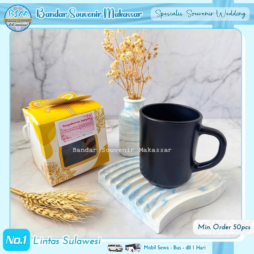 (min.order 50 pcs) Souvenir GELAS GAGANG HITAM kemas BOX Kartu Ucapan Soveninr Murah Makassar