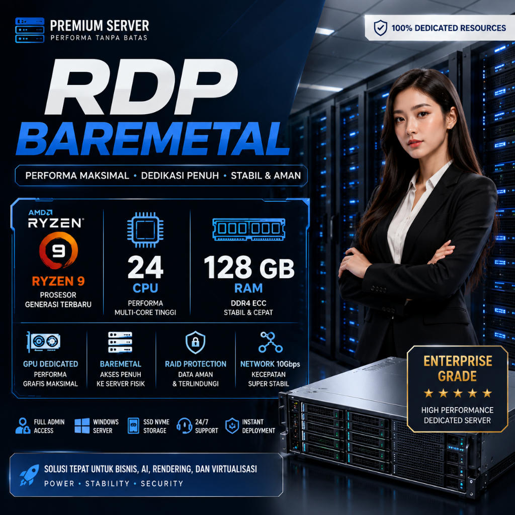 RDP BARAMETAL GPU RYZEN 9 24CPU 128 GBRAM