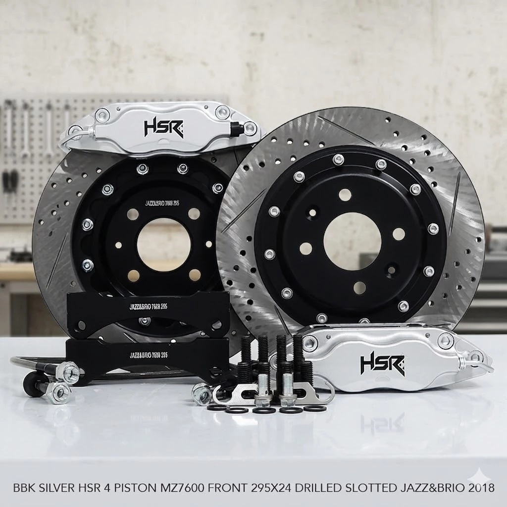 BBK SILVER HSR 4 PISTON MZ7600 FRONT 295X24 DRILLED SLOTTED JAZZ&BRIO 2018 BBK BREMBO HSR COCOK UNTU