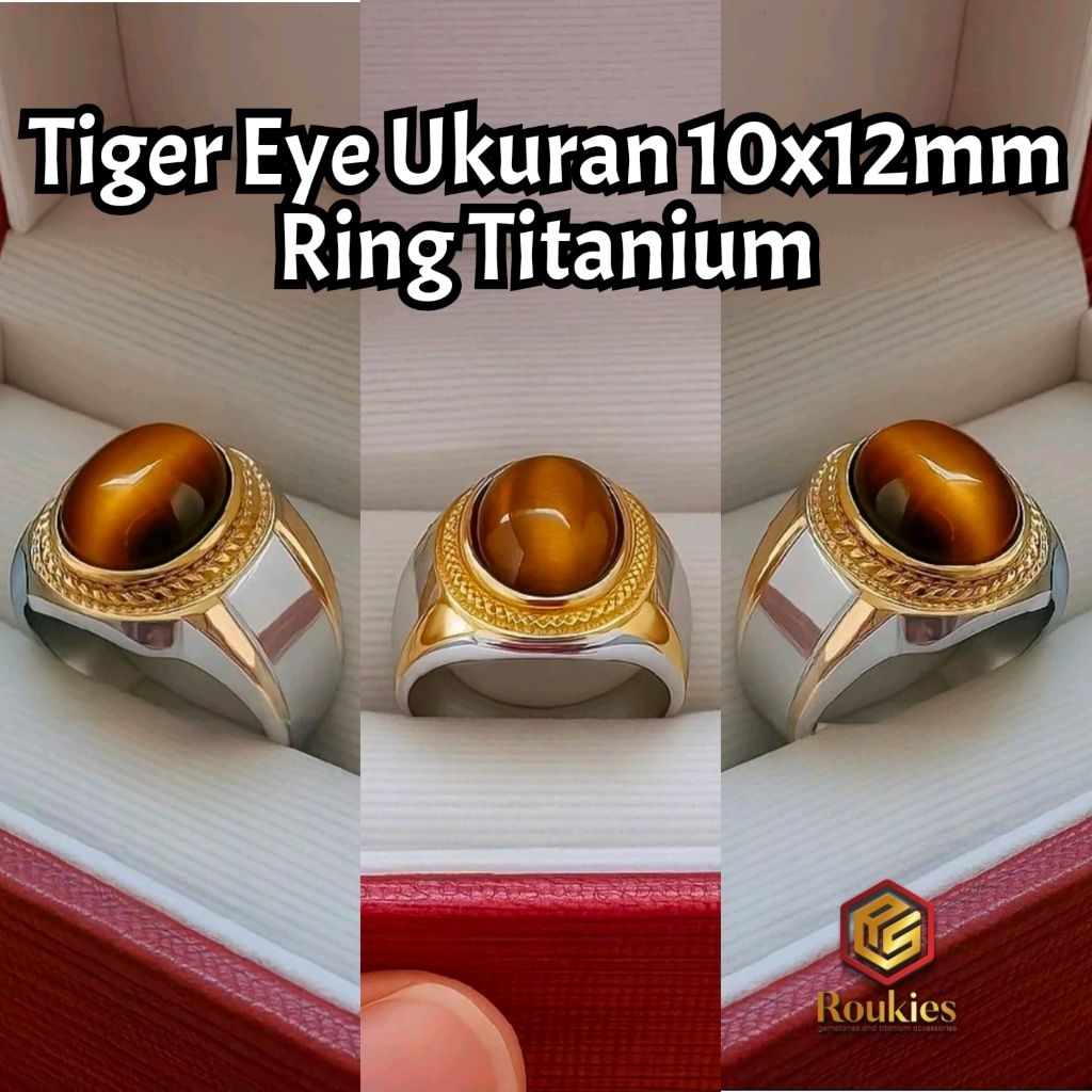 Roukies Cincin Batu Tiger Eye Ring Titanium Ukuran 10x12mm Asli untuk Jari Ukuran 7-10 Model Unik