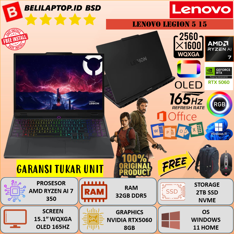 LENOVO Legion 5 15 Laptop Gaming Baru Ryzen AI 7 350 RTX 5060 32GB 1TB 165Hz OLED