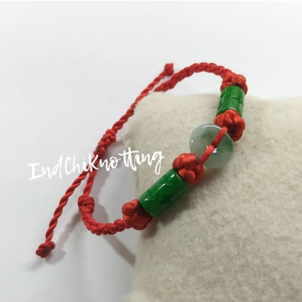 (IndChiKnotting) Gelang Giok Asli [Jadeite] Donat Jade Bambu Tali Merah Knotting