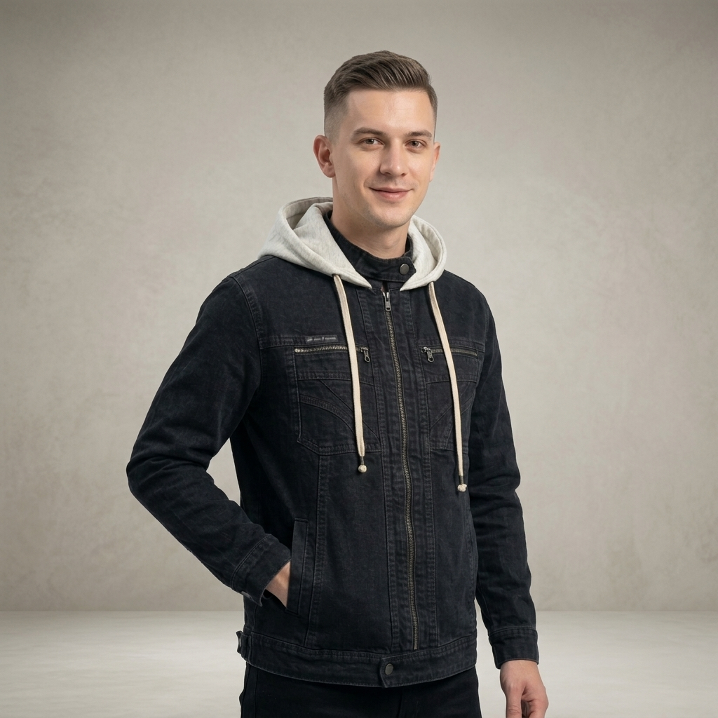 jaket jeans zipper hoodie pria wanita  hitam denim keren