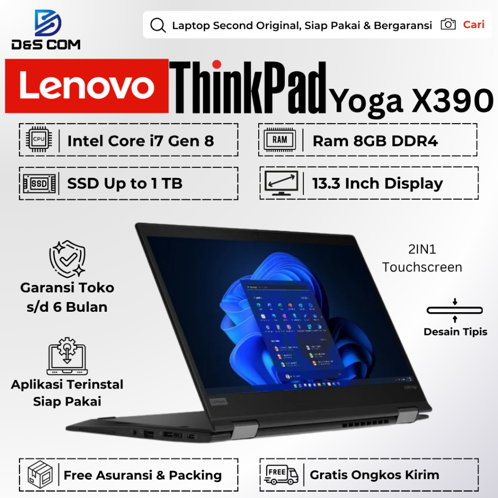 Lenovo Thinkpad Yoga X390 X380 Core i7/ i5 Gen 8 SSD Laptop 2in1 Touchscreen Second Bekas Bergaransi