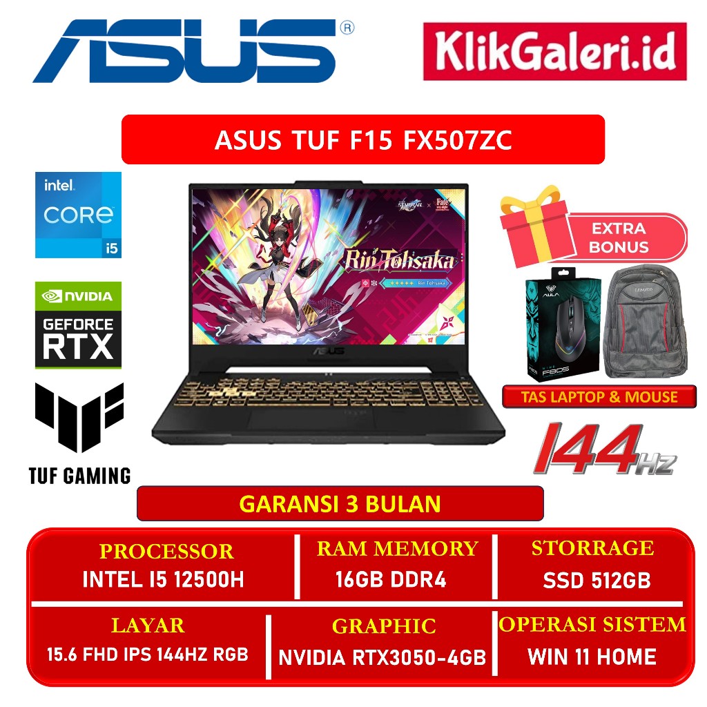 [MURAH] ASUS TUF Gaming F15 FX507ZC Core i5 Gen 12 16GB 512GB RTX3050 144Hz Win11 EX DISPLAY