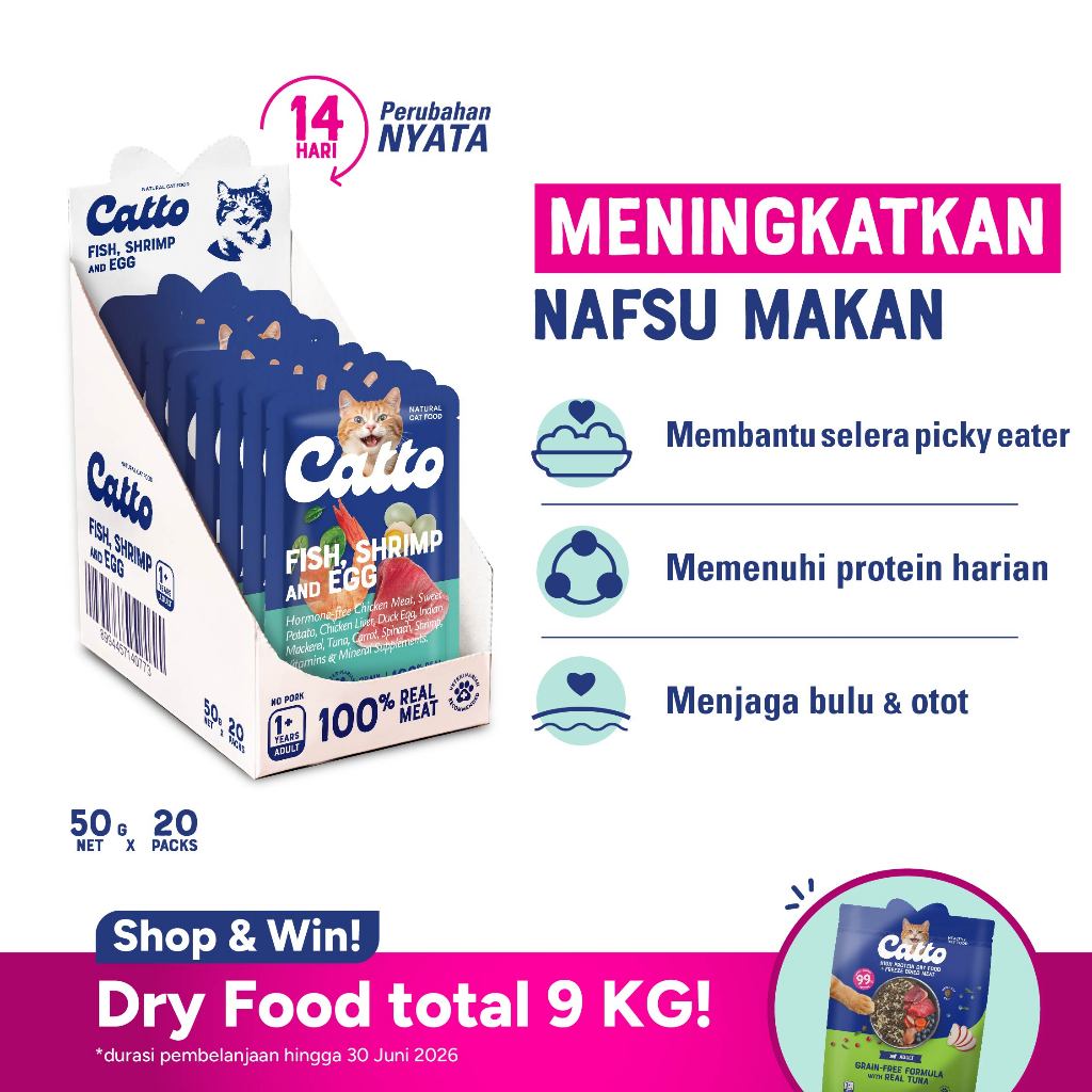 Catto Makanan Kucing Basah Dewasa Cat Food - Box Fish, Shrimp, and Egg Adult 50gr x 20pcs Wet Food (