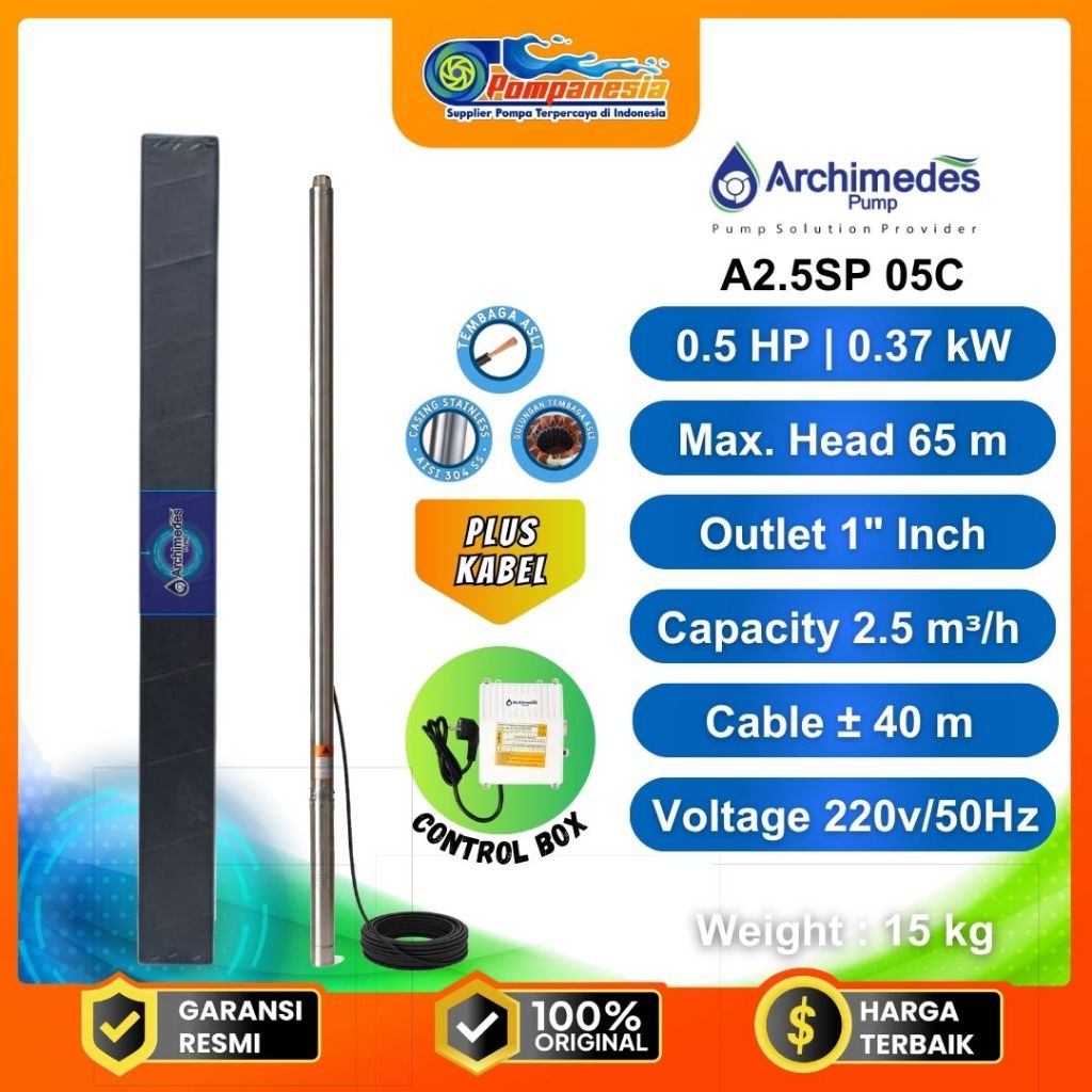 Pompa Submersible Satelit Sibel Casing 2.5" Inch 1/2 HP Plus Kabel 40m Merk Archimedes