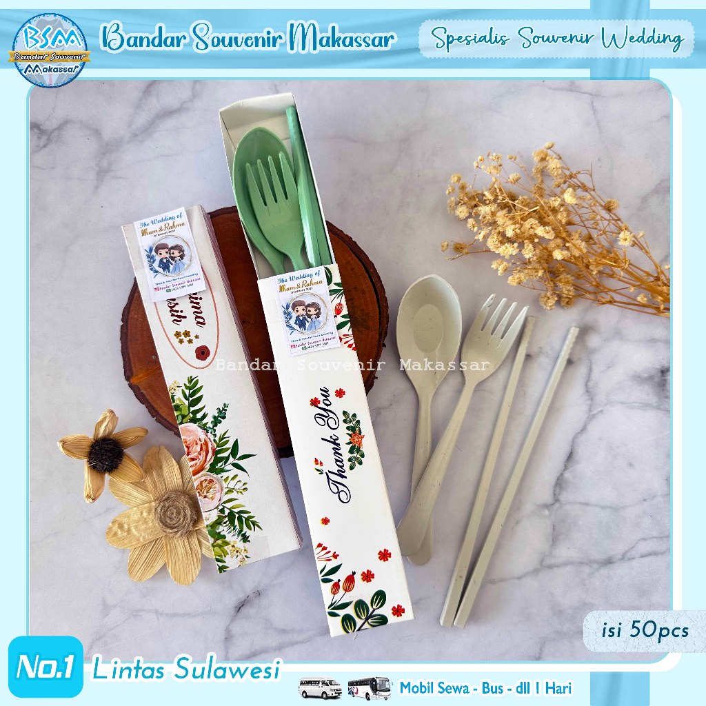 ( isi 50 pcs ) Souvenir Sendok Garpu Sumpit LOKAL Set Travel Kemas BOX SLIDE Makassar Kendari