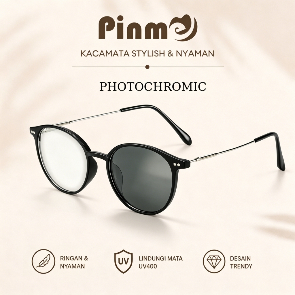 Pinme 2 In 1 Kacamata Photocromic Anti Radiasi Komputer Korea Metal Frame Oval Optik