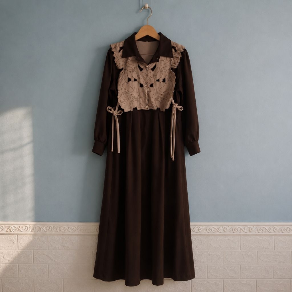 Gamis Mahogani mix vest bahan rajut..