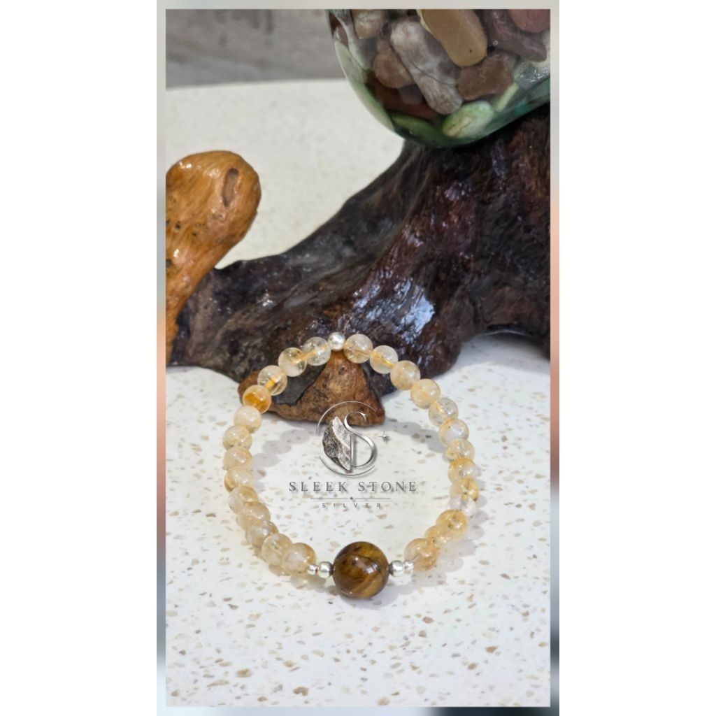 Gelang Elastis Mix Citrine & Tiger Eyes With Bead Bola Silver 925