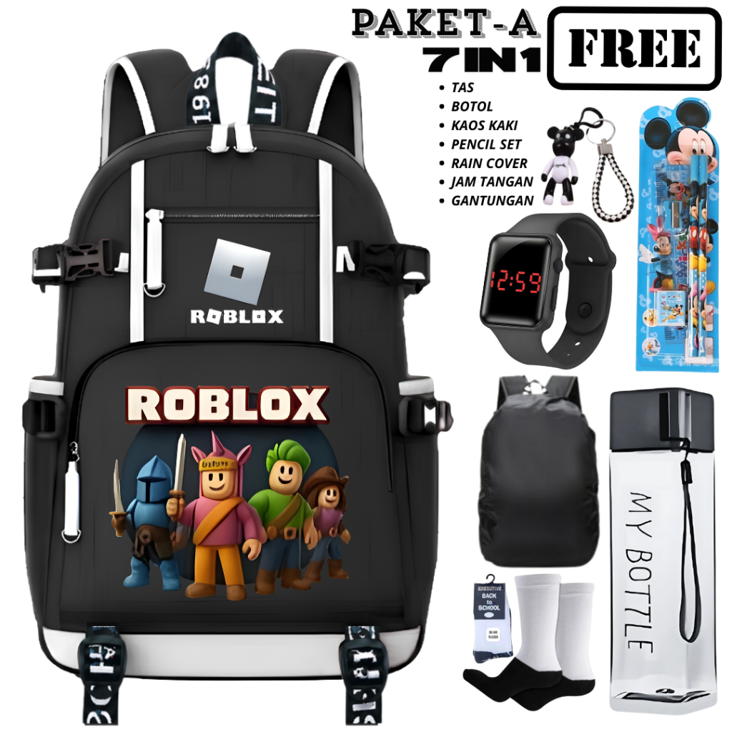 Paket A 7in1 Tas Ransel Roblox X Sword Hitam Putih Dengan Jam Tangan, Botol, Kaos Kaki, Dan Bonus La