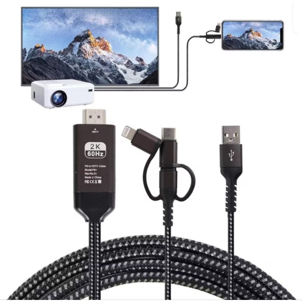 KABEL HDMI 3IN1 to USB TYPE C FAST LIGHTNING 1.8m Fast Connect Compatible for PC iPad TABLET TV iPho